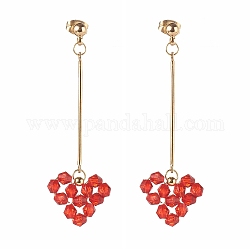 Brass Dangle Stud Earrings, with Transparent Acrylic Beads, Heart, Red, 59mm, Pin: 0.8mm