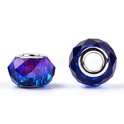 Прозрачный полимер европейские шарики, имитационные кристаллические, двухцветные бусины с большими отверстиями, с двойных ядер серебрянного цвета, граненые, рондель, синие, 14x8.5 мм, отверстие : 5 мм