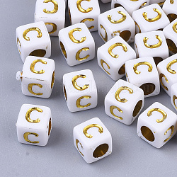 Perles acryliques plaquées, trou horizontal, métal doré enlaça, style alphabet, cube, letter.c, 5.5~6x5.5~6x5.5~6mm, Trou: 3.5mm, environ 3000 pcs/500 g