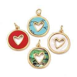 Real 18K Gold Plated Brass Pendants, with Mixed Shell & Gemstone, Long-Lasting Plated, Flat Round with Heart, Mixed Color, 18x16x2mm, Hole: 3mm, Jump Ring: 5x1mm