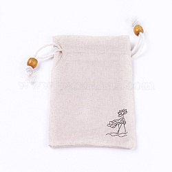 Sacchetti di imballaggio tela, borse coulisse, con perline in legno, bianco antico, 14.6~14.8x10.2~10.3cm