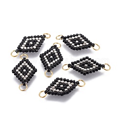MIYUKI & TOHO Handmade Japanese Seed Beads Links, with Brass Jump Ring, Loom Pattern, Rhombus, Silver, 18x12~12.5x1.8mm, Hole: 2.5mm, 1.8mm thick.