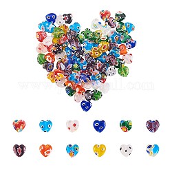 Coeur perles de verre à la main millefiori, couleur mixte, 8x8x3mm, Trou: 0.5mm, environ 96 pcs / boîte