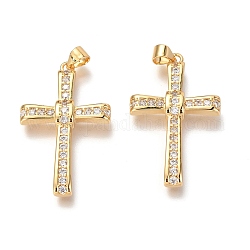 Brass Micro Pave Clear Cubic Clear Zirconia Pendants, Cross, Real 18K Gold Plated, 34x20x4mm, Hole: 3mm
