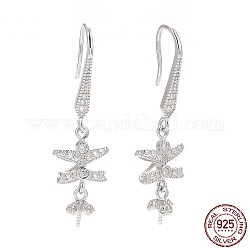 Rhodium Plated 925 Sterling Silver Earring Hooks, with Clear Cubic Zirconia, Bowknot, for Half Drilled Beads, Platinum, 36mm, 21 Gauge, Pin: 0.7mm and 0.6mm, Tray: 6x3mm