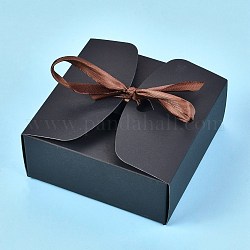 Kraft Paper Gift Box, Folding Boxes, with Ribbon, Bakery Cake Biscuits Box Container, Square, Black, Unfold: 34.1x36x0.03cm, Finished Product: 12x12x5cm