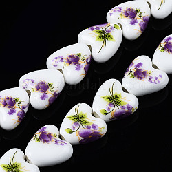 手作りの磁器セラミックビーズ連売り  印刷された花  ハート  暗紫色  15x15x7mm  穴：3mm  約23個/連  12.8インチ（32.5cm）