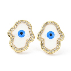Hamsa Hand /Hand of Miriam with Evil Eye Real 18K Gold Plated Earrings for Men Women Gift, Brass Micro Pave Cubic Zirconia Stud Earrings, with Enamel, White, 15.5x13mm, Pin: 0.8mm