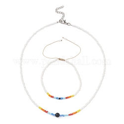 Ожерелье из стеклянных бисера и плетеный браслет из бисера, набор украшений для женщин, белые, 15-1/8 дюйм (38.5 см), 2-1/4~3-1/4 дюйм (5.6~8.3 см)