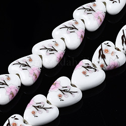 Hebras de cuentas de cerámica de porcelana hecha a mano, flor impresa, corazón, rosa perla, 15x15x7mm, agujero: 3 mm, aproximamente 23 pcs / cadena, 12.8 pulgada (32.5 cm)