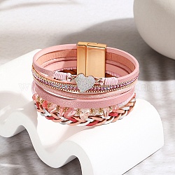 Bracelets multi-brins en cuir pu avec puces perlées, avec fermoir magnétique, rose, 7-5/8 pouce (19.5 cm)