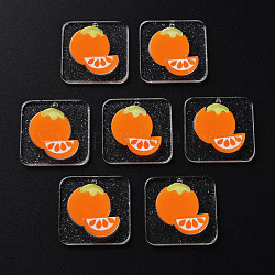Pendenti in cellulosa acetato (resina), con polvere di scintillio, rettangolo con arancia, arancione scuro, 24.5x24.5x4.5~5mm, Foro: 1.4 mm