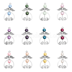 Pendenti con perline di perle di vetro 12 pz 12 colori, con telai di perline in lega, charms d'angelo, colore misto, 34x20x6mm, Foro: 3 mm, 1pc / color
