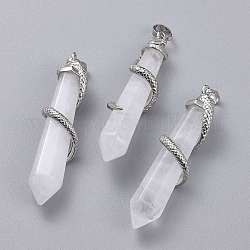 Natural Quartz Crystal Big Pointed Pendants, Rock Crystal, with Platinum Plated Brass Bails, Faceted, Bullet with Snake, 59~61.5x11~12x11~12mm, Hole: 5x8mm
