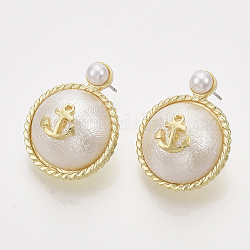 (vente d'usine de fêtes de bijoux) clous d'oreille en alliage, avec abs en plastique imitation perle et épingles d'acier, demi rond avec ancre, or clair, 27x20.5mm, pin: 0.7 mm