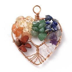 Natural Gmestone Copper Wire Big Pendants, Natural Amethyst & Green Aventurine & Citrine & Lapis Lazuli & Red Jasper & Red Aventurine & Quartz Crystal, Mixed Dyed and Undyed, Heart with Tree, Champagne Gold, 53.5x45.5x8.5mm, Hole: 5.5mm