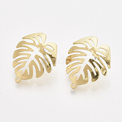 Tropical Theme Iron Stud Earring Findings, with Steel Pins and Hole, Monstera Leaf, Light Gold, 28x24mm, Hole: 1.4mm, Pin: 1.4mm