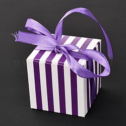 Scatola regalo di carta creativa pieghevole quadrata, motivo a righe con nastro, confezione regalo decorativa per matrimoni, porpora, 55x55x55mm