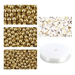 DIY Jewelry Making Kits, Including White Flat Round Acrylic Beads Gold Letter, Elastic Crystal Thread, Golden, 1600Pcs/Set