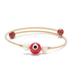 Brazalete con cuentas de jaspe rojo natural y mal de ojo y perla natural, brazalete de torsión de latón para mujer, dorado, diámetro interior: 2-1/8 pulgada (5.5 cm)