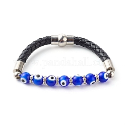 Bracelets de perles de mauvais œil faits à la main, avec cordon en cuir de vachette, perles d'espacement en laiton strass et fermoir magnétique, bleu, 7-1/2 pouce (19 cm)