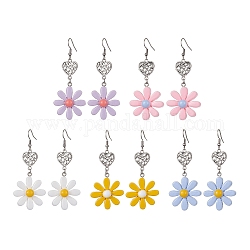Boucles d'oreilles pendantes en forme de fleur en résine et cœur en alliage avec 304 épingle en acier inoxydable, couleur mixte, 72x28.5mm