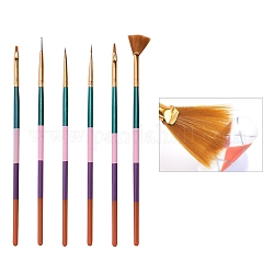 6 pcs plumas del cepillo del arte del clavo, mango de madera y cabezal de pluma de fibra de nylon, colorido, 175~185x5mm, 6 PC / sistema
