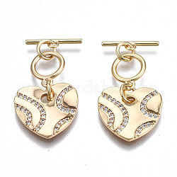 Brass Micro Pave Clear Cubic Zirconia Toggle Clasps, Nickel Free, Heart, Real 18K Gold Plated, 29mm, Heart: 13.5x14.5x1.5mm, Bar: 3x13x1mm, Tube Bails: 10x8x1mm, Jump Ring: 4.9x0.7mm, 3.5mm inner diameter