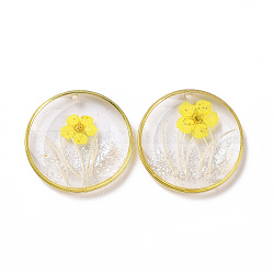 Pendenti in resina epossidica trasparente trasparente, con bordo anelli in ottone dorato, ciondoli rotondi piatti con fiore interno, giallo, 22x4mm, Foro: 1.4 mm