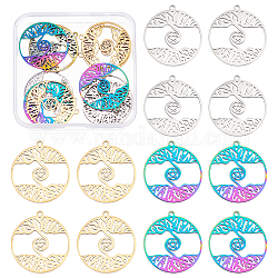 DICOSMETIC 12Pcs 3 Colors 304 Stainless Steel Pendants, Flat Round with Star & Tree, Mixed Color, 32x30x2mm, Hole: 1.8mm, 4pcs/color