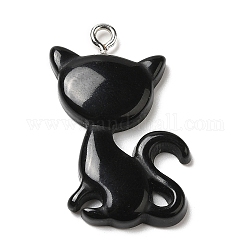 Pendentifs en résine opaque, Breloques en forme de chat avec boucles en fer ton platine, noir, 30~30.5x21x4~5mm, Trou: 2mm