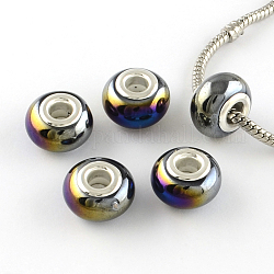 Rondelle ab-Farbe handgemachtes Porzellan europäischen Perlen, mit versilberten Messingkernen, Großloch perlen, Schwarz, 14~16x9~10 mm, Bohrung: 5 mm