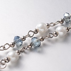 Handmade Faceted Rondelle Glass Beads Chains for Necklaces Bracelets Making, with Glass Pearl Beads, Iron Spacer Beads and Iron Eye Pin, Unwelded, Platinum, Light Steel Blue, 39.3 inch, about 60pcs/strand