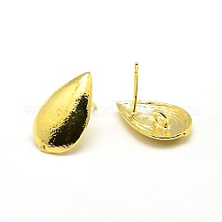 Teardrop Shaped Brass Stud Earring Findings, with Loop Fit Dangling Charms, Golden, 18x11x2.5mm, Hole: 2mm, Pin: 0.8mm