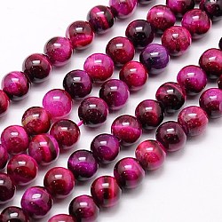 Chapelets de perles d'œil de tigre naturel, teinte, ronde, support violet rouge, 10mm, Trou: 1mm, Environ 38 pcs/chapelet, 15 pouce