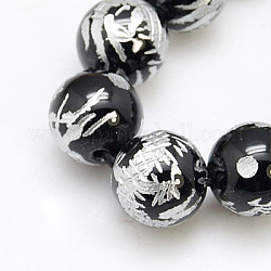 Natural Black Agate Beads Strands, with Carved Dragon Patter, for Buddha Jewelry Making, Round, Dyed & Heated, 10mm