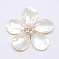 Grandi pendenti in madreperla conchiglia bianca naturale, con rilievi in ottone placcato platino e perle, bianco floreale, 43x46x14mm, Foro: 4x7 mm
