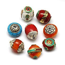 Perline di stile tibetano fatto a mnao, tailandia 925 argento sterling o ottone con turchese, cera d'api o corallo sintetico, forme misto, colore misto, 24~34x21~25x14~19mm, Foro: 1.5~3 mm