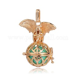 Golden Plated Brass Hollow Round Cage Pendants, with No Hole Spray Painted Brass Beads, Turquoise, 38x31x20mm, Hole: 3x8mm