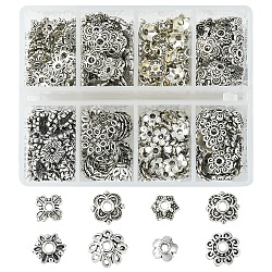 8 tappi di perline in lega di stile tibetano, fiore, argento antico, 2~9x2~8mm, Foro: 1~2 mm, 410pcs/scatola