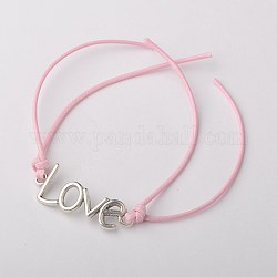 Korean Waxed Polyester Cord Bracelet Making, with Tibetan Style Alloy Findings, Word LOVE, Antique Silver, Pink, 205mm