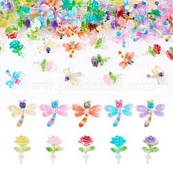 Pandahall 100Pcs 10 Styles Translucent Resin Cabochons, Glitter Dragonfly & Flower, Mixed Color, 11~11.5x7.5~12x2.5~3.5mm, 10pcs/style