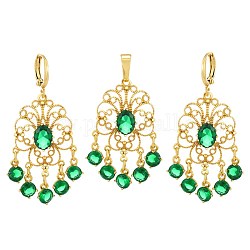 Set di gioielli in ottone, collane ciondolo e orecchini pendenti, con zirconi, fiore, verde, vero placcato oro 24k