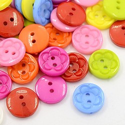 Acrylic Sewing Buttons for Clothes Design, Plastic Buttons, 2-Hole, Dyed, Flat Round with Flower Pattern, Mixed Color, 15x3mm, Hole: 1mm
