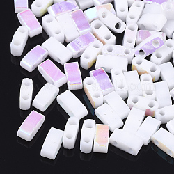 Electroplate Opaque Glass Seed Beads, 2-Hole, Rectangle, White, 4.5~5.5x2x2~2.5mm, Hole: 0.5~0.8mm