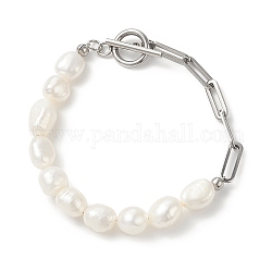 Natural Baroque Pearl Beaded Bracelet with 304 Stainless Steel Paperclip Chains for Women, Stainless Steel Color, 7-1/4 inch(18.5cm)