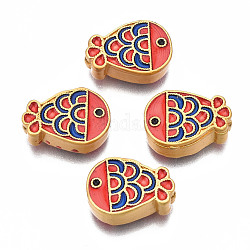 Rack Plating Alloy Enamel Beads, Cadmium Free & Lead Free, Matte Gold Color, Fish, Red, 14x10x5mm, Hole: 0.7mm