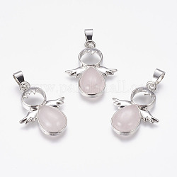 Pendentifs de quartz rose naturel, ange, avec accessoires en laiton, platine, 34x25.5x4.5~6.5mm, Trou: 4~5x7mm