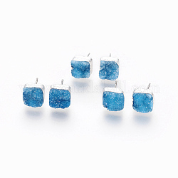 Natural Dyed Druzy Quartz Stud Earrings, with 304 Stainless Steel Findings, Square, Silver, Dodger Blue, 10x10x6~10mm, Pin: 0.7mm