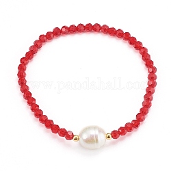 Bracelets extensibles en perles de verre rondes à facettes, avec des perles acryliques et 304 perles en acier inoxydable, rouge, diamètre intérieur: 2-1/8 pouce (5.5 cm)